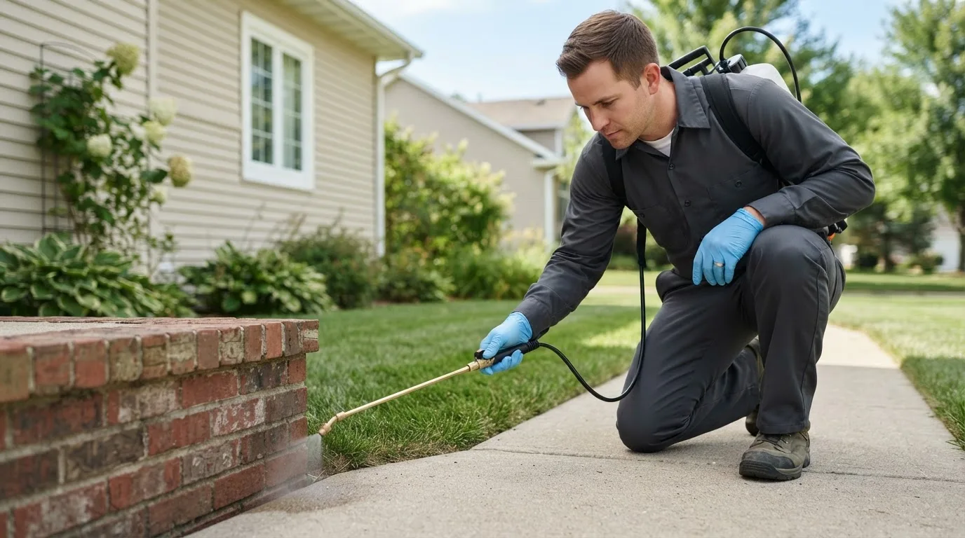 Pest control technician treating a home near Kitts Hill, OH