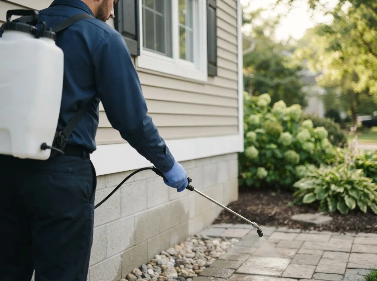 Pest control technician inspecting a home in Kitts Hill, OH